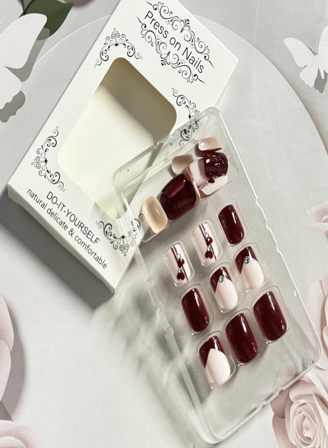 GRITOSE Valentine's Day Press on Nail Short Square Fake Nails Red False Nails with Rhinestones designs Acrylic French Tip Press ones Glossy Full Cover Reusable Glue on Nails for Women 24pcs - Image 3